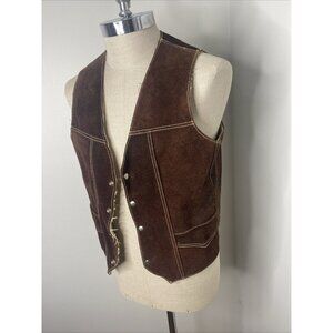 Vintage Genuine Leather Suede Vest Sherpa Lining Men's 40 Snap Front Dark Brown